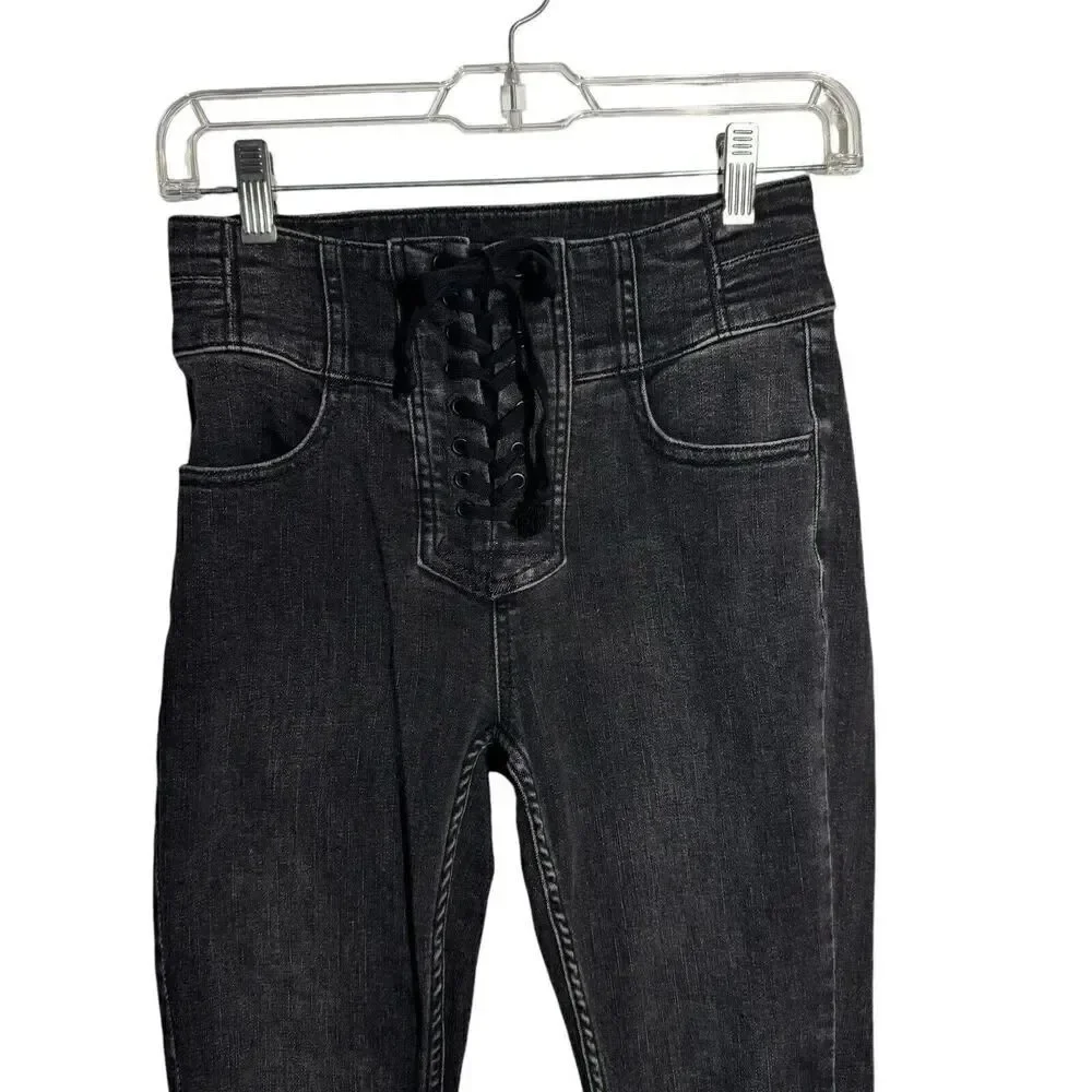 We the FREE PEOPLE Womens Curvy Lovers Knot Lace Up Black Skinny Jeans Size 25
